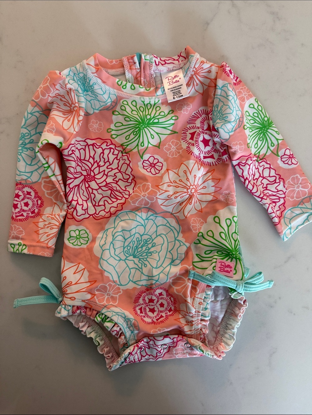 Ruffle Butts Peach Floral Long-Sleeve Baby Swimsuit